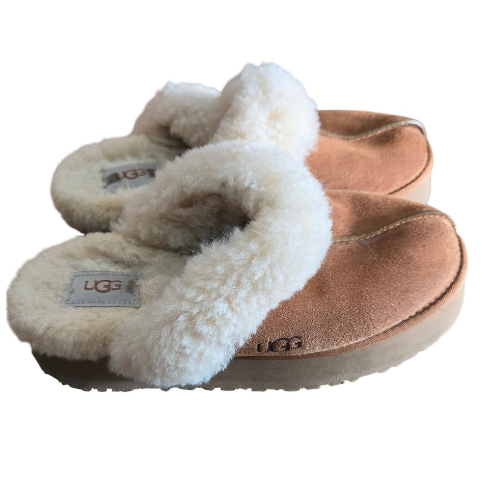 UGG Disquette Chestnut Suede Platform Slippers Slip On Shearling Fuzzy Womens 9